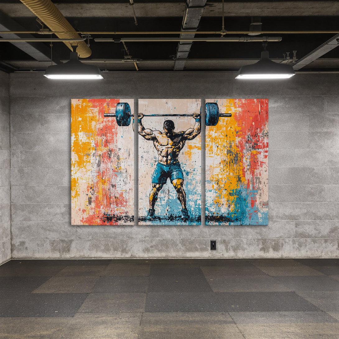 Canvas Print of a weightlifter in an abstract style with a vibrant, colorful palette. Perfect gym wall art!