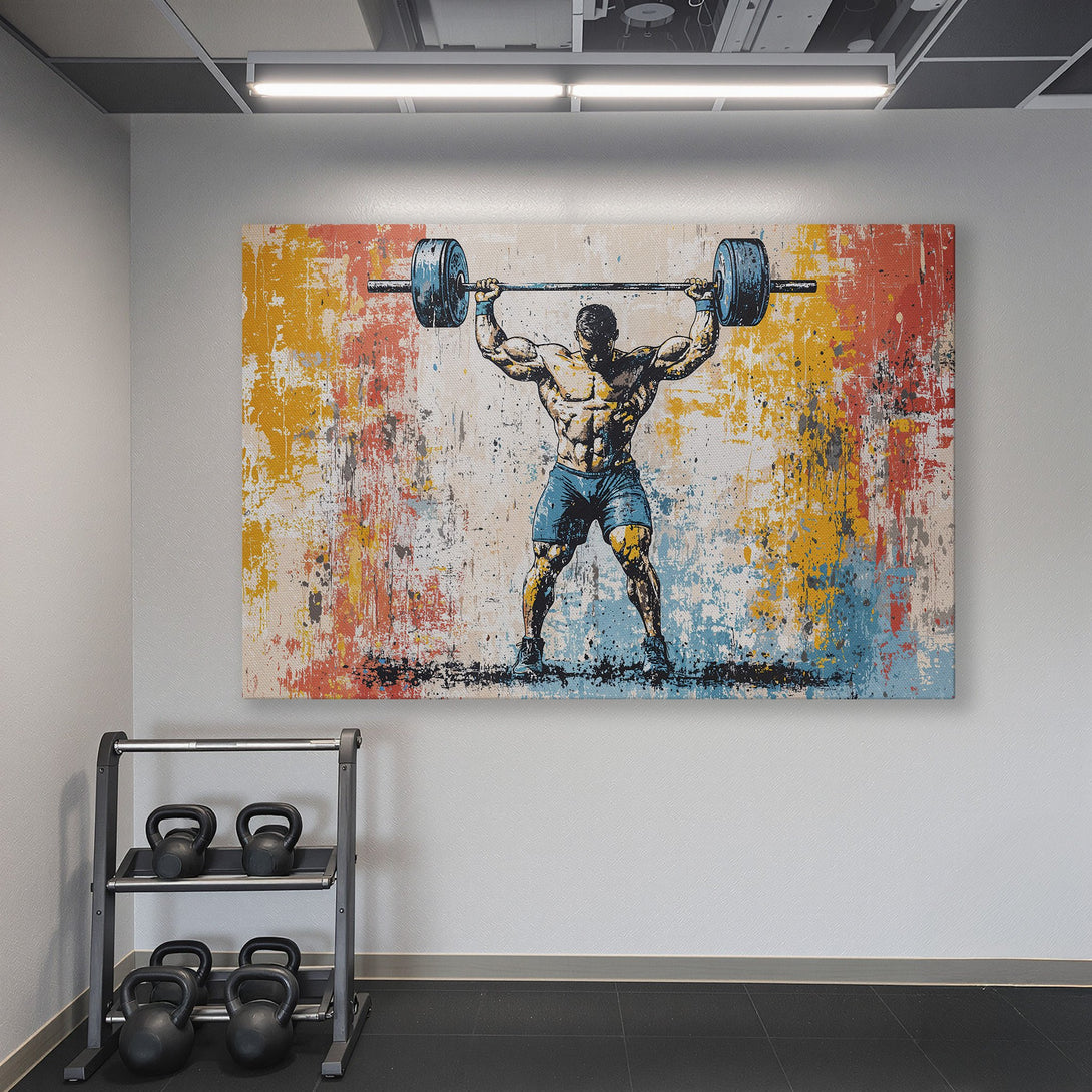 Framed Wall Art featuring a weightlifter in an abstract style with a vibrant orange, blue, and yellow color palette. Perfect for a home gym!