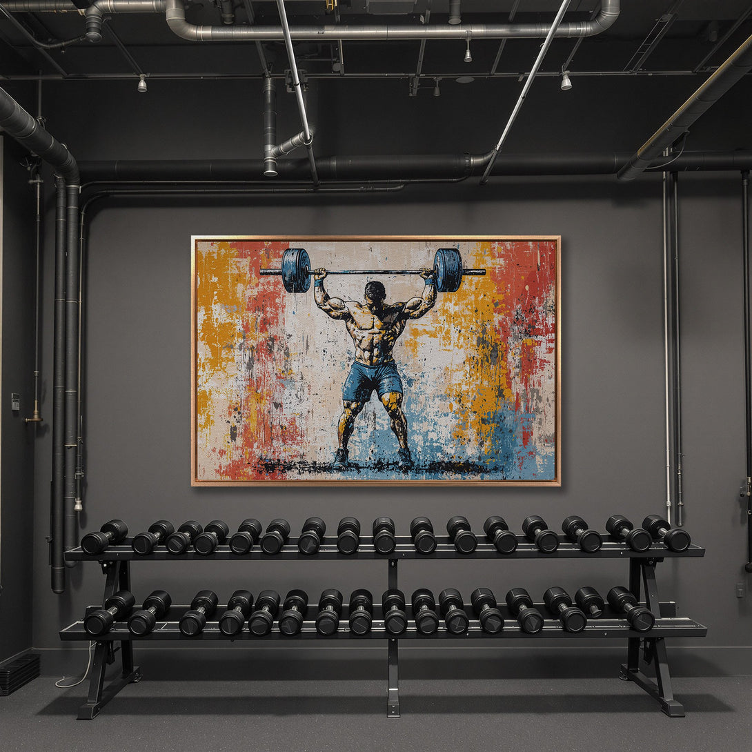 Framed Wall Art featuring a weightlifter in a gym, abstract style with a vibrant orange, blue, and yellow color palette. Perfect for home or gym decor!