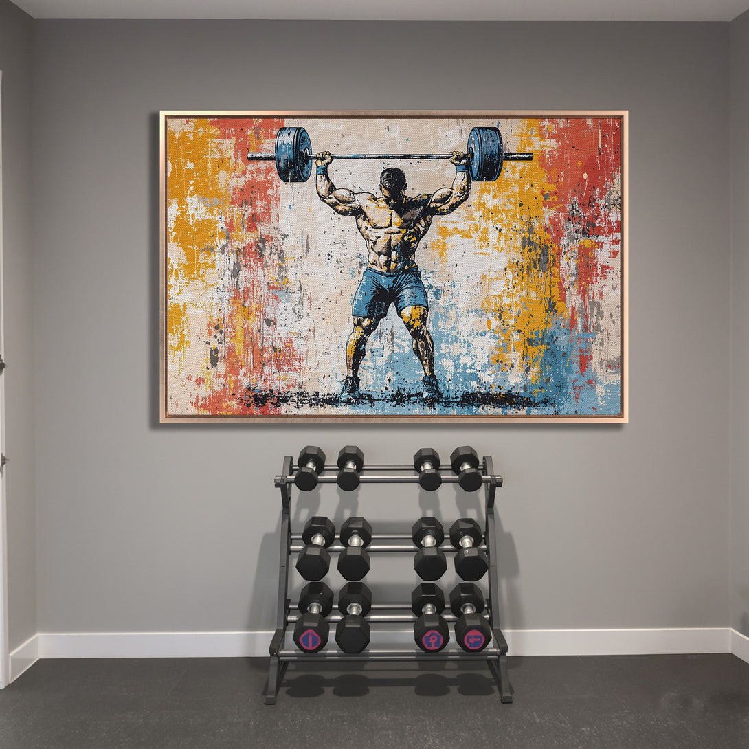Framed Wall Art: Abstract weightlifter canvas print with a vibrant, colorful palette of blue, yellow, and red. Perfect gym decor.