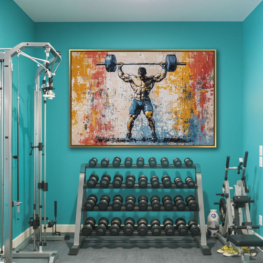 Abstract Canvas Print of weightlifter in a gym, featuring a colorful, textured style. Perfect fitness decor with a bold, modern aesthetic.