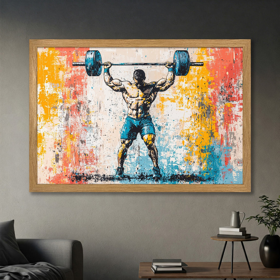 Framed Poster of weightlifter with abstract art background. Bold & colorful wall art for your home gym or decor.