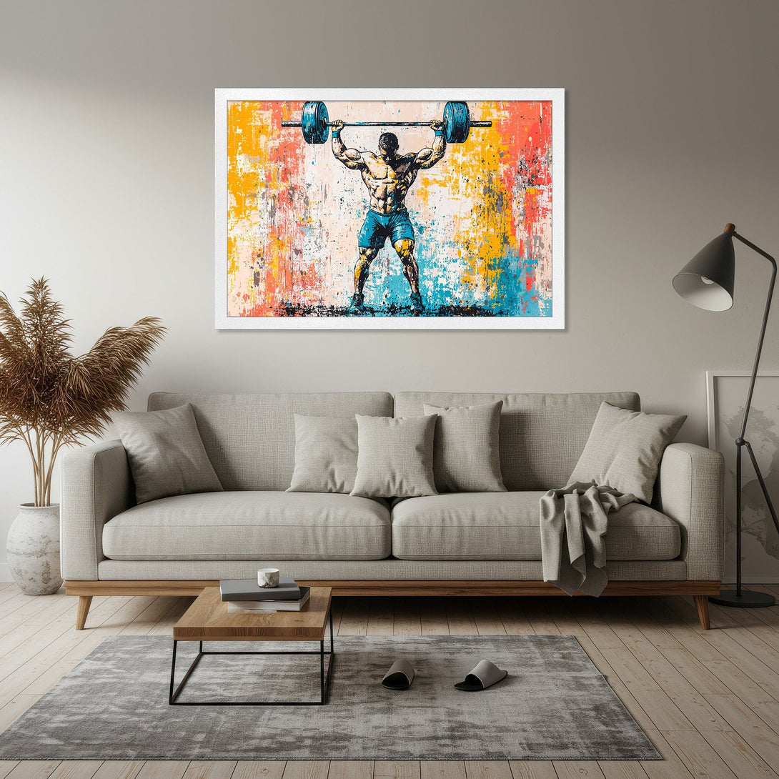 Framed Poster featuring weightlifter art in abstract style with a vibrant, colorful palette. Perfect wall decor for gym or home.