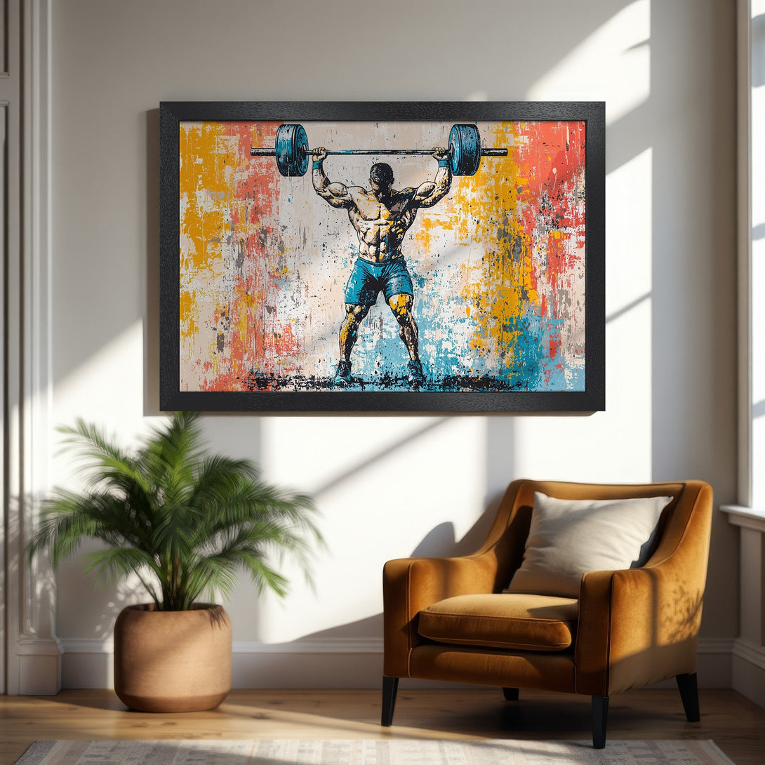 Framed Poster featuring a weightlifter in an abstract style with a vibrant yellow, blue, and red color palette. Perfect for gym decor!