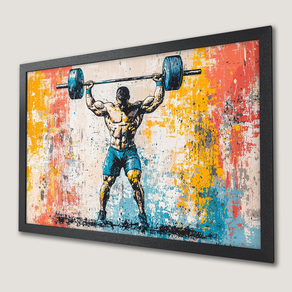 Framed Poster of weightlifter in abstract style, vibrant colors. Perfect gym decor!