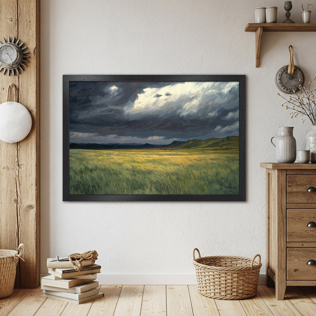 Framed Poster featuring a landscape painting with a dramatic sky and green field. Earthy tones and rustic style.