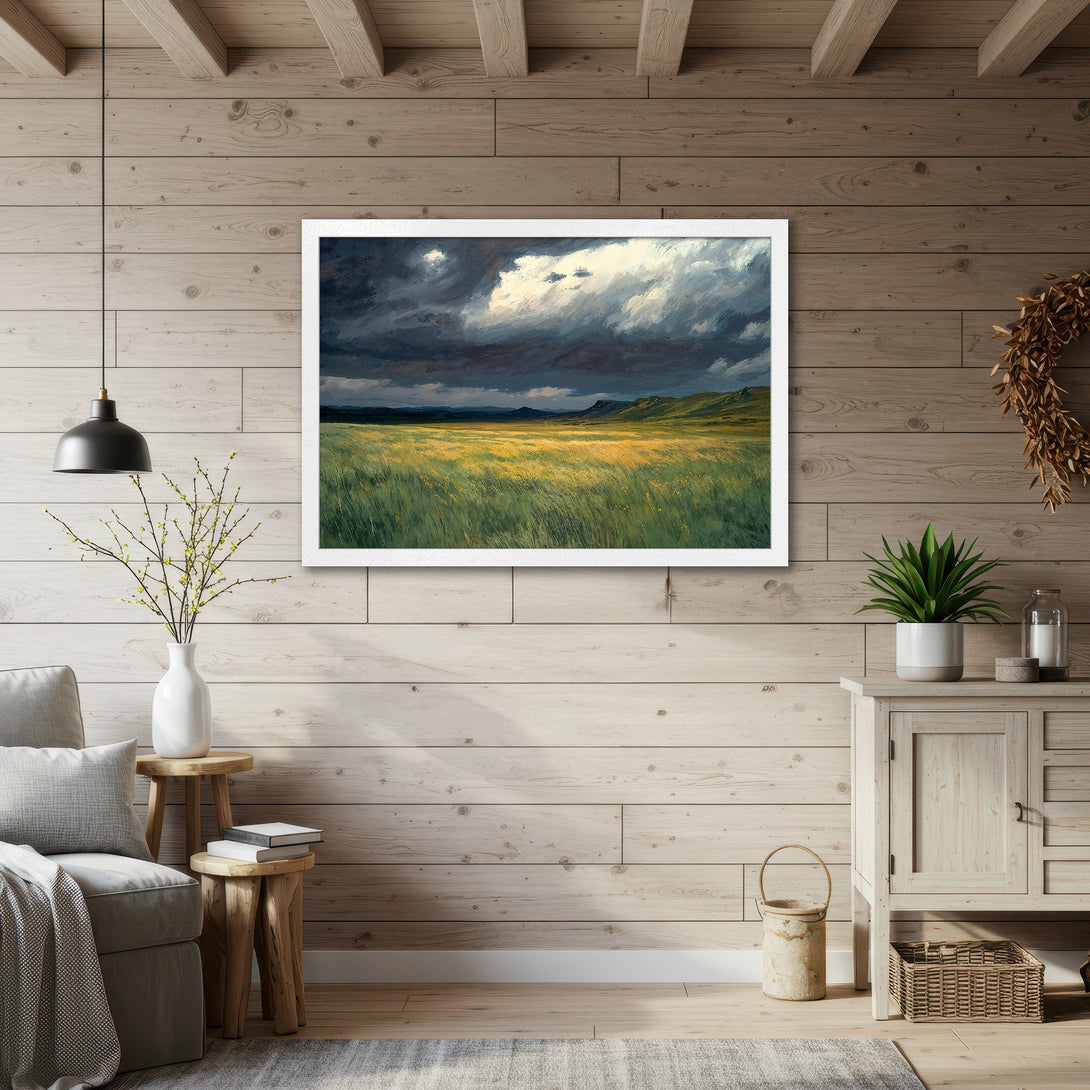 Framed Poster of a dramatic landscape painting in a rustic style with a green and yellow color palette. Add art to your home!