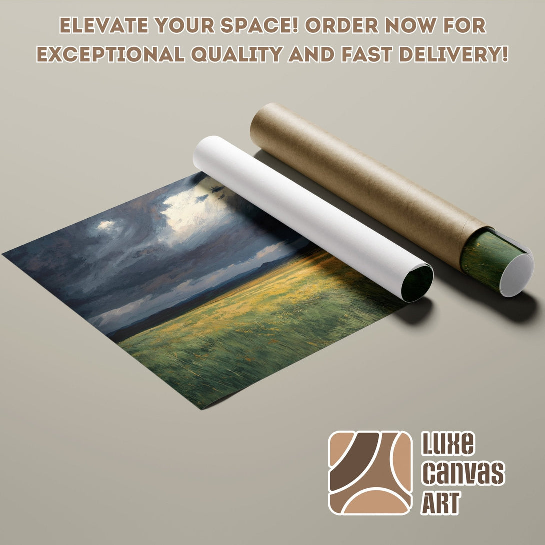 Poster roll of landscape art, featuring a moody sky and field in a cool color palette. Elevate your space!