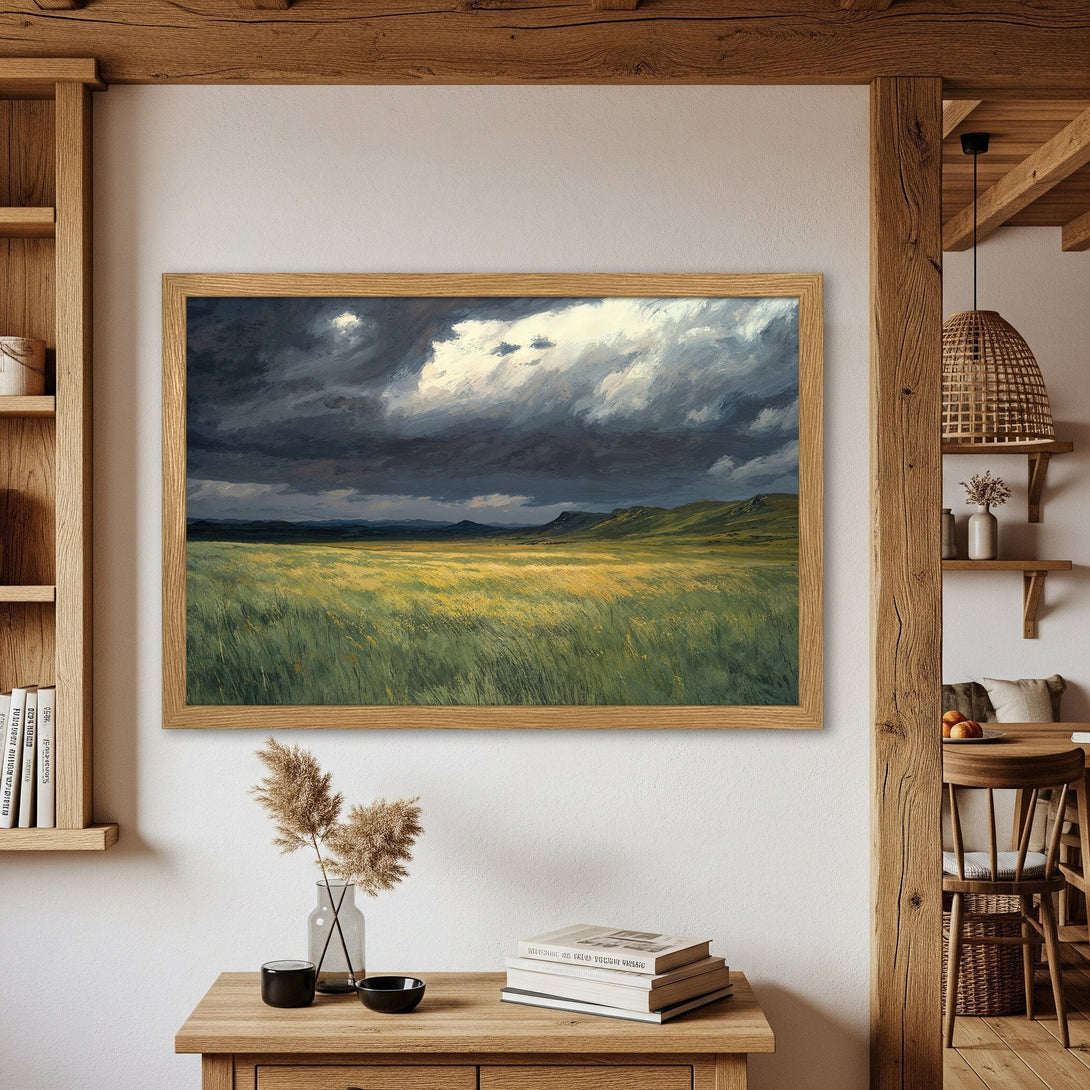 Framed Poster of a dramatic landscape painting. Features a moody sky and green/yellow field. Perfect wall art for your home!