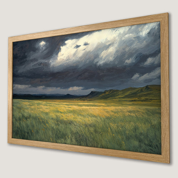 Framed Poster: Dramatic landscape art print with moody clouds and green fields. Earthy tones.