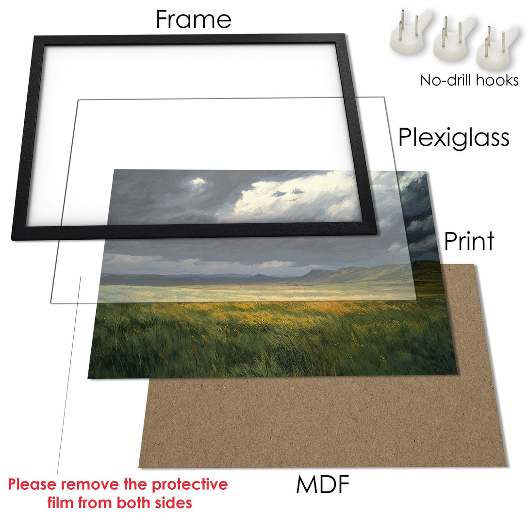 Framed Poster of a landscape painting with a dramatic sky and green and yellow fields. Black frame, natural tones.