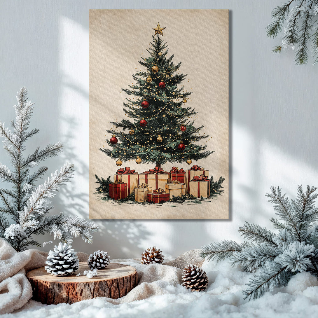 Framed Wall Art: Christmas tree illustration in warm gold, green, and red color palette. Perfect holiday decor for your home.