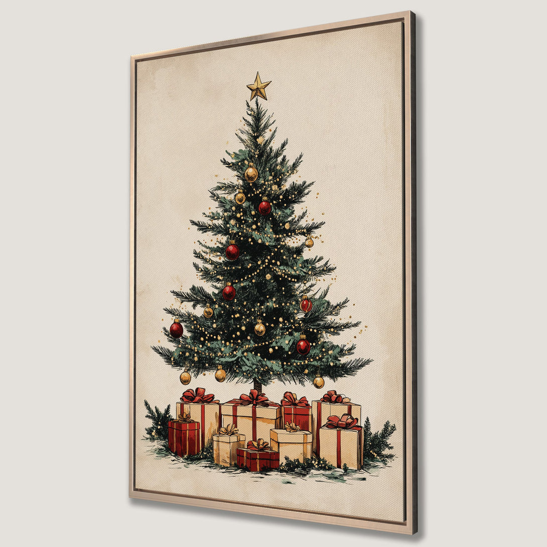 Framed Wall Art featuring a vintage-style Christmas tree with presents. Warm, neutral color palette with pops of red and gold. Perfect holiday decor!