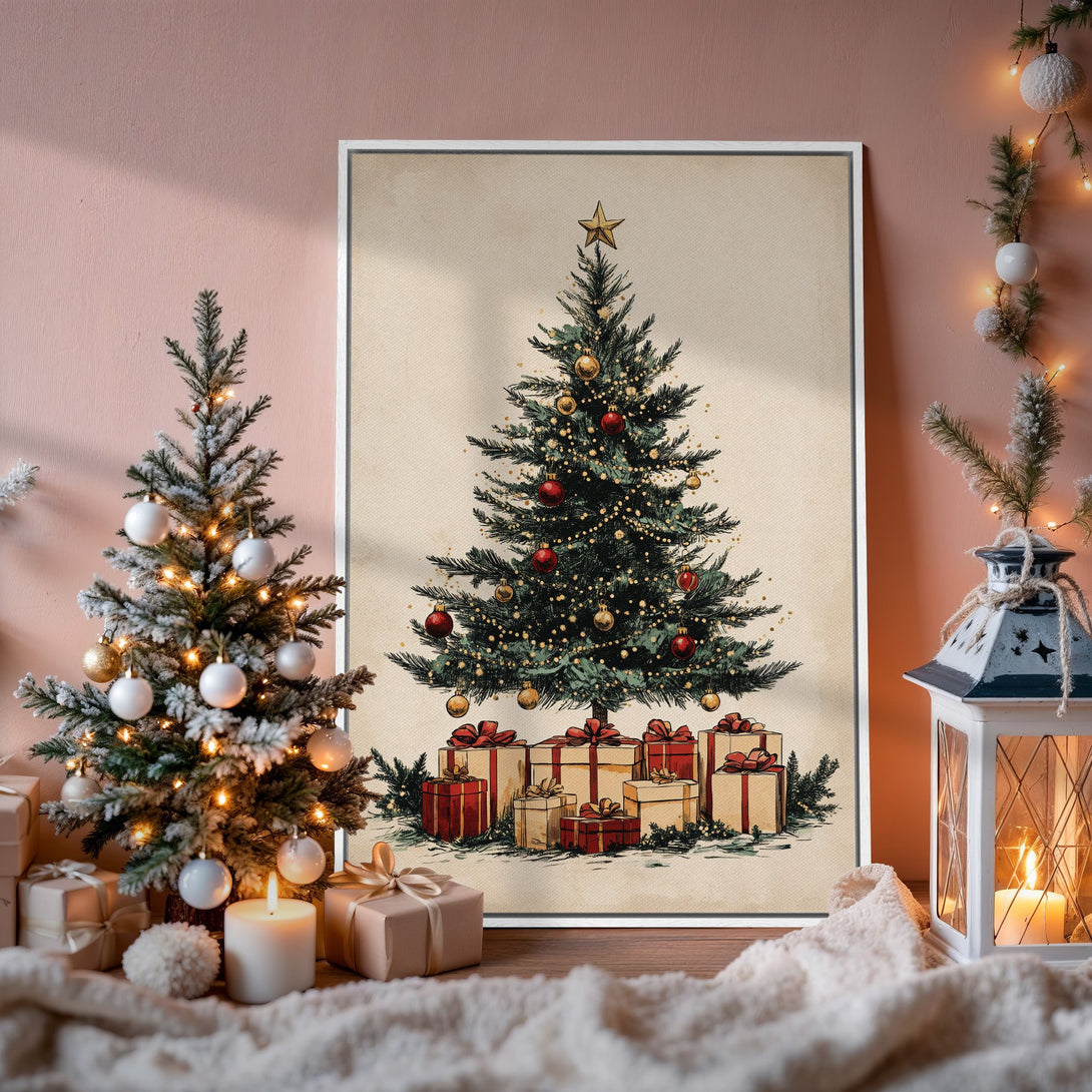 Framed Wall Art: Vintage Christmas tree illustration in warm tones. Perfect holiday decor for a cozy, inviting home. Shop now for festive art!