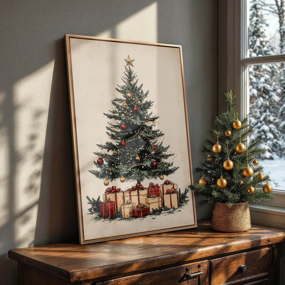 Framed Wall Art featuring a vintage Christmas tree illustration in a warm, neutral color palette. Perfect holiday decor for a cozy home!