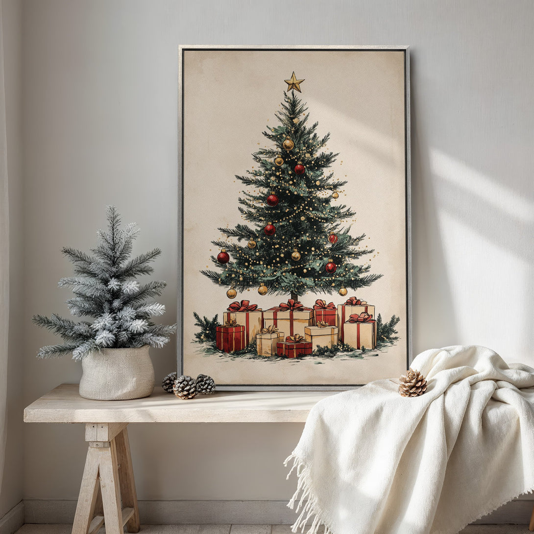 Framed Wall Art: Vintage Christmas tree print with a neutral color palette. Perfect festive decor for your home. Shop our holiday Canvas Prints!