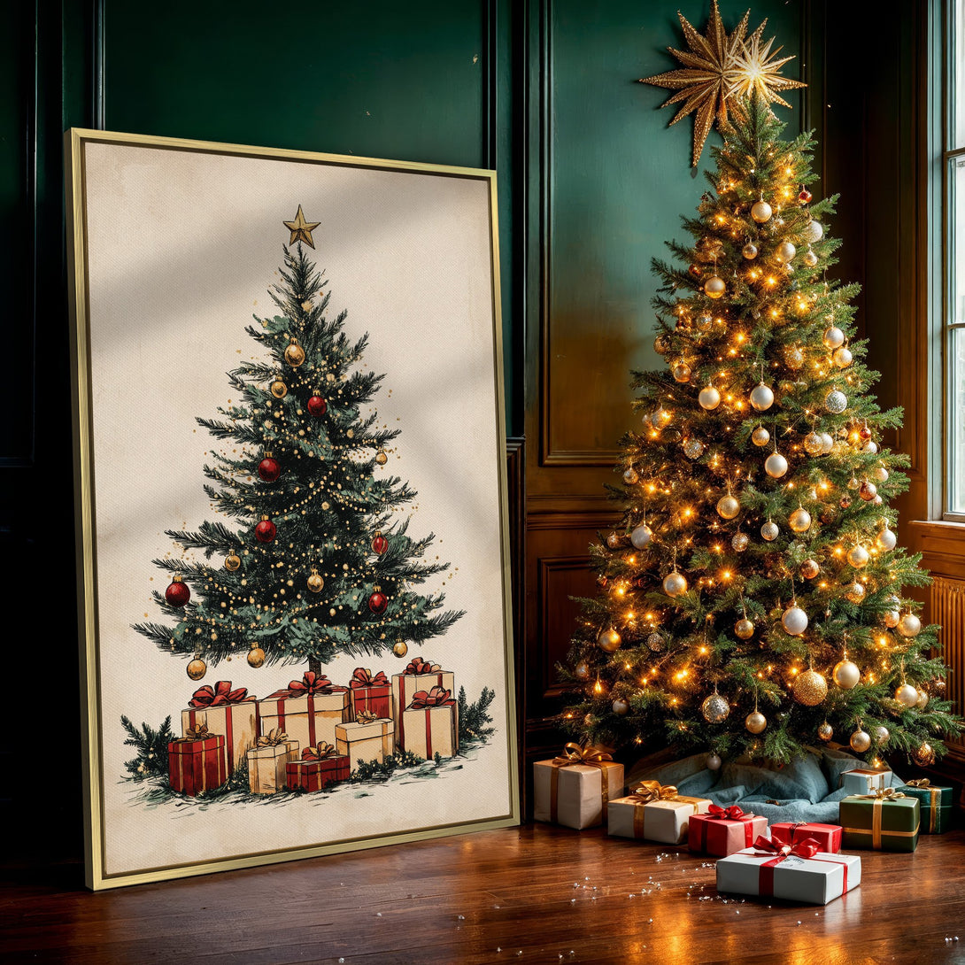 Canvas Print featuring a festive Christmas tree illustration with a vintage style, warm color palette, perfect for holiday decor.