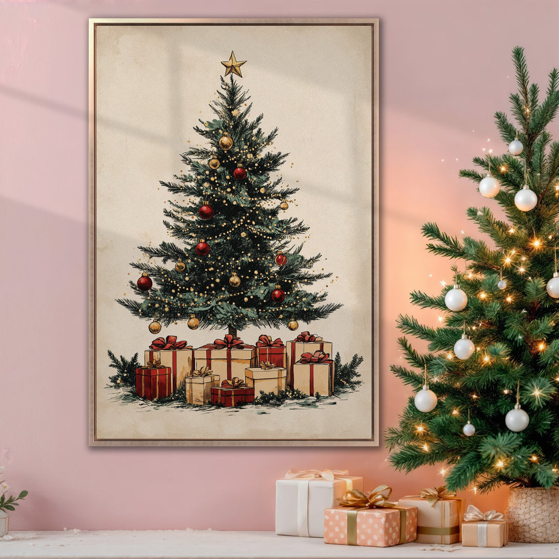 Framed Wall Art: Vintage Christmas tree illustration with a warm, festive color palette. Perfect holiday decor for any home. Shop now!