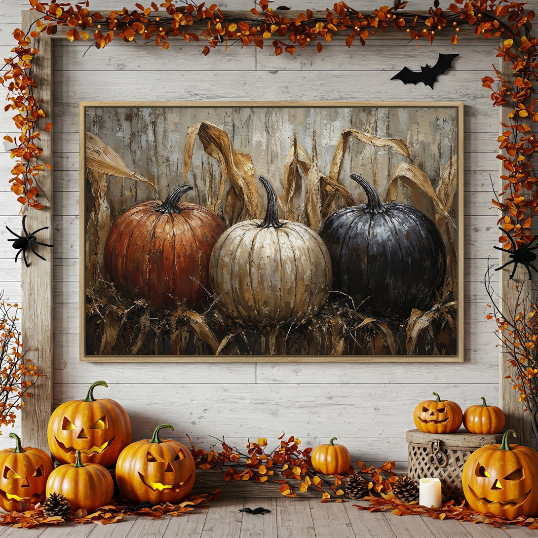 Framed Wall Art: Autumnal pumpkin painting in warm orange, brown, and neutral tones. Perfect fall decor for your home!