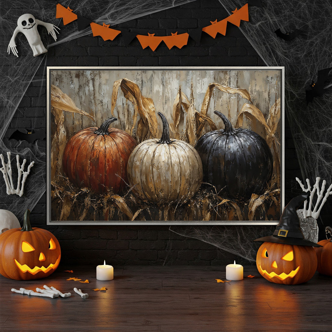Framed Wall Art: Halloween-themed pumpkin painting in warm orange, black, and beige tones. Perfect autumn decor for your home.