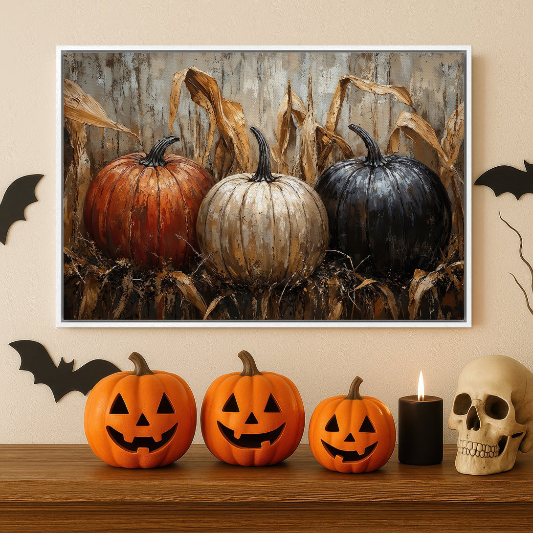 Framed Wall Art: Autumnal pumpkins painting in rustic style. Warm orange, brown, and black color palette. Perfect Halloween decor for a cozy, inviting space.