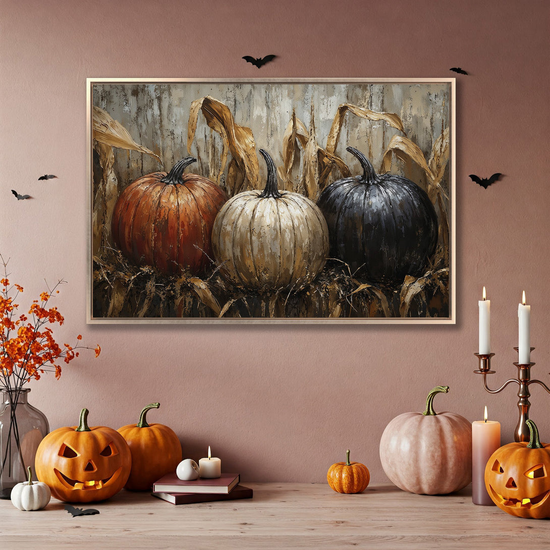 Framed Wall Art featuring a rustic pumpkin painting in warm autumn tones. Perfect Halloween decor for a cozy, inviting space.