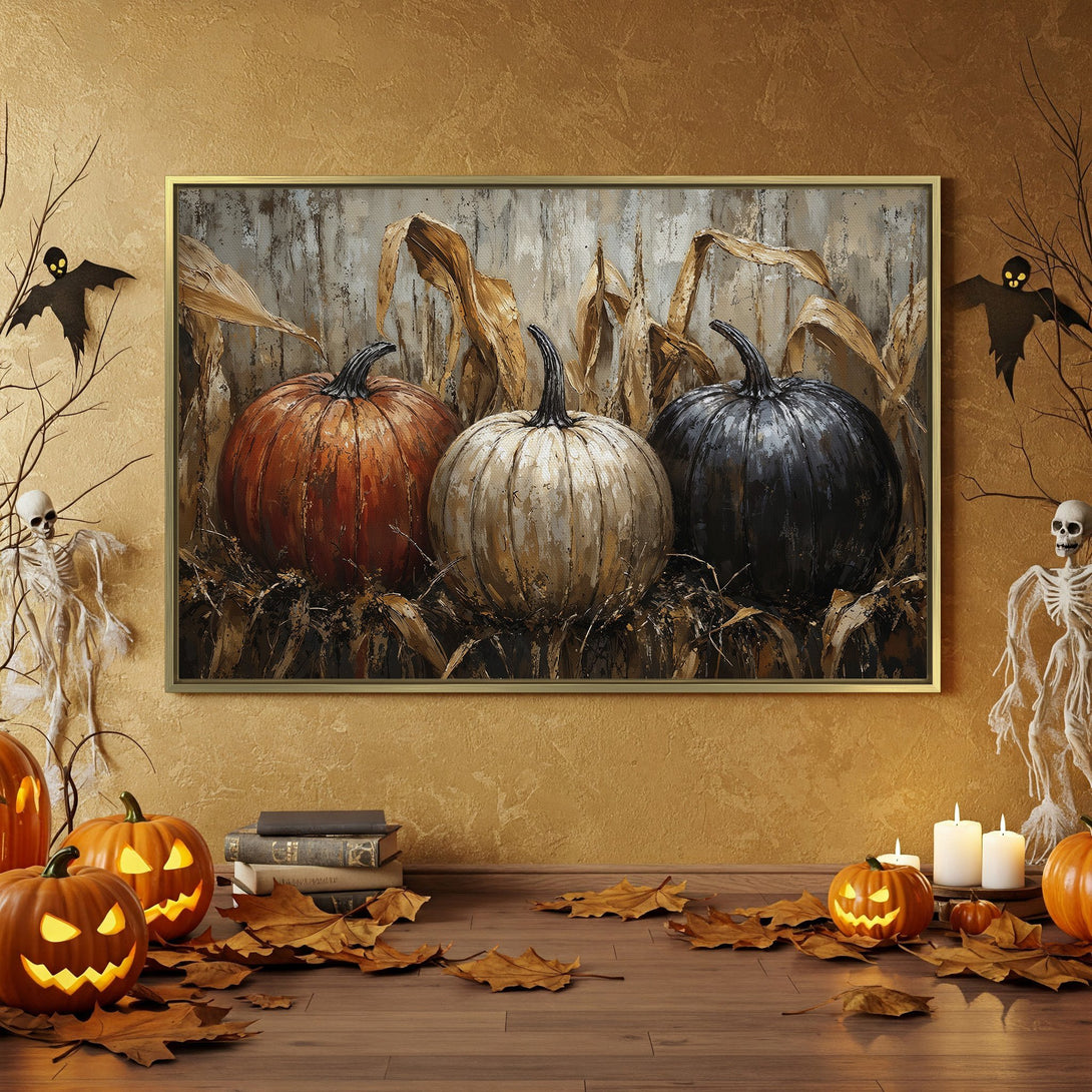 Halloween Canvas Print featuring pumpkins in a rustic style with a warm, autumnal color palette, perfect for seasonal decor.