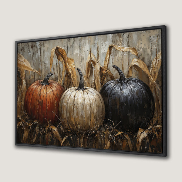 Framed Wall Art: Rustic pumpkin painting in warm autumn tones. Perfect fall decor for your home. Canvas Print with a cozy, inviting style.