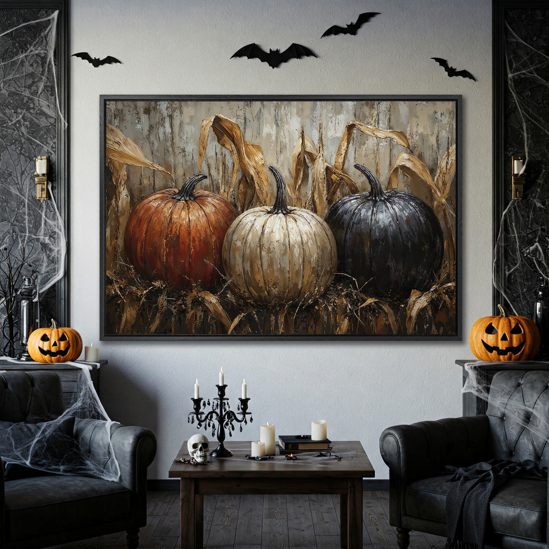 Framed Wall Art: Halloween pumpkin painting in warm, earthy tones. Rustic style canvas print for fall decor.