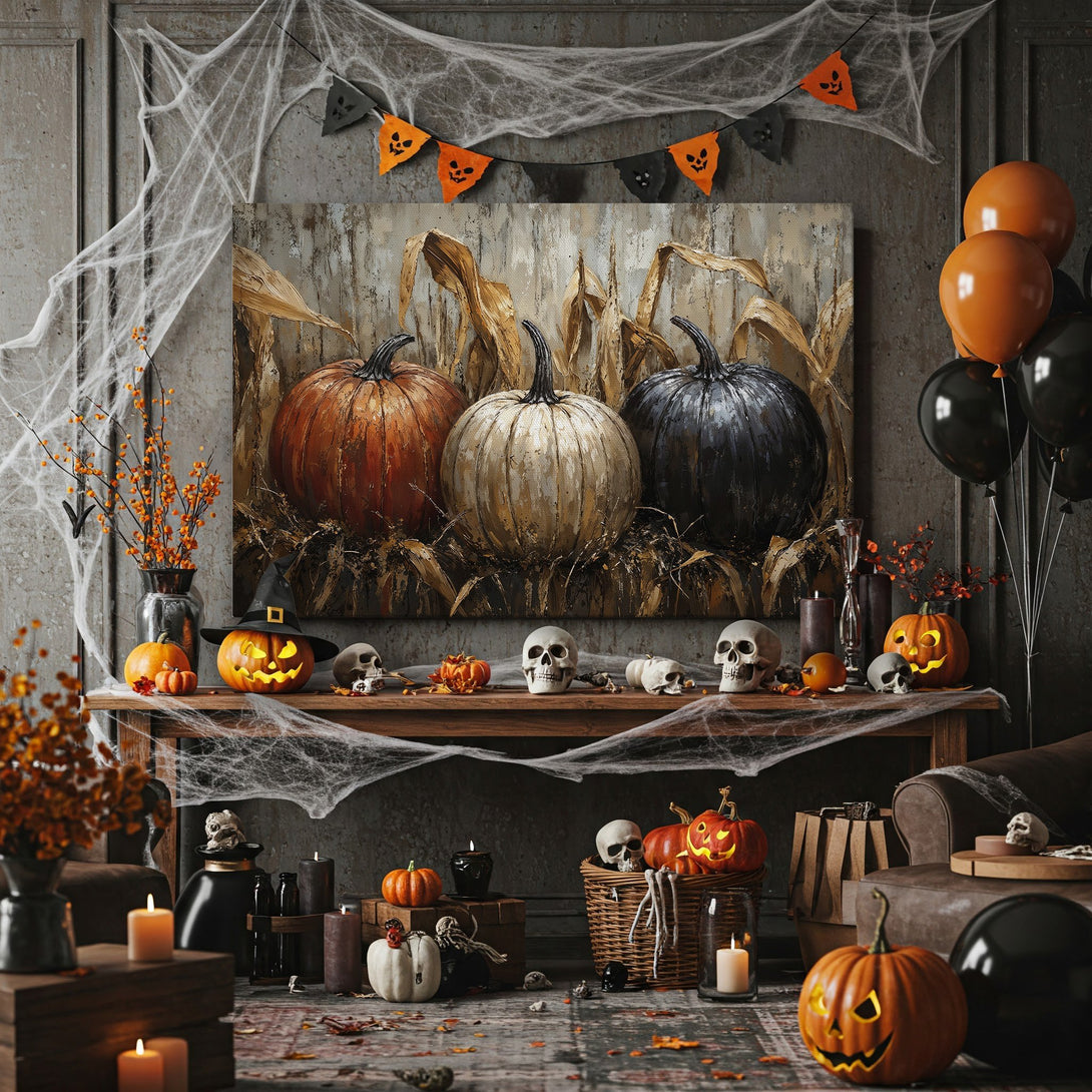 Framed Wall Art: Spooky Halloween pumpkins in rustic style, warm autumnal palette. Perfect fall decor for your home!