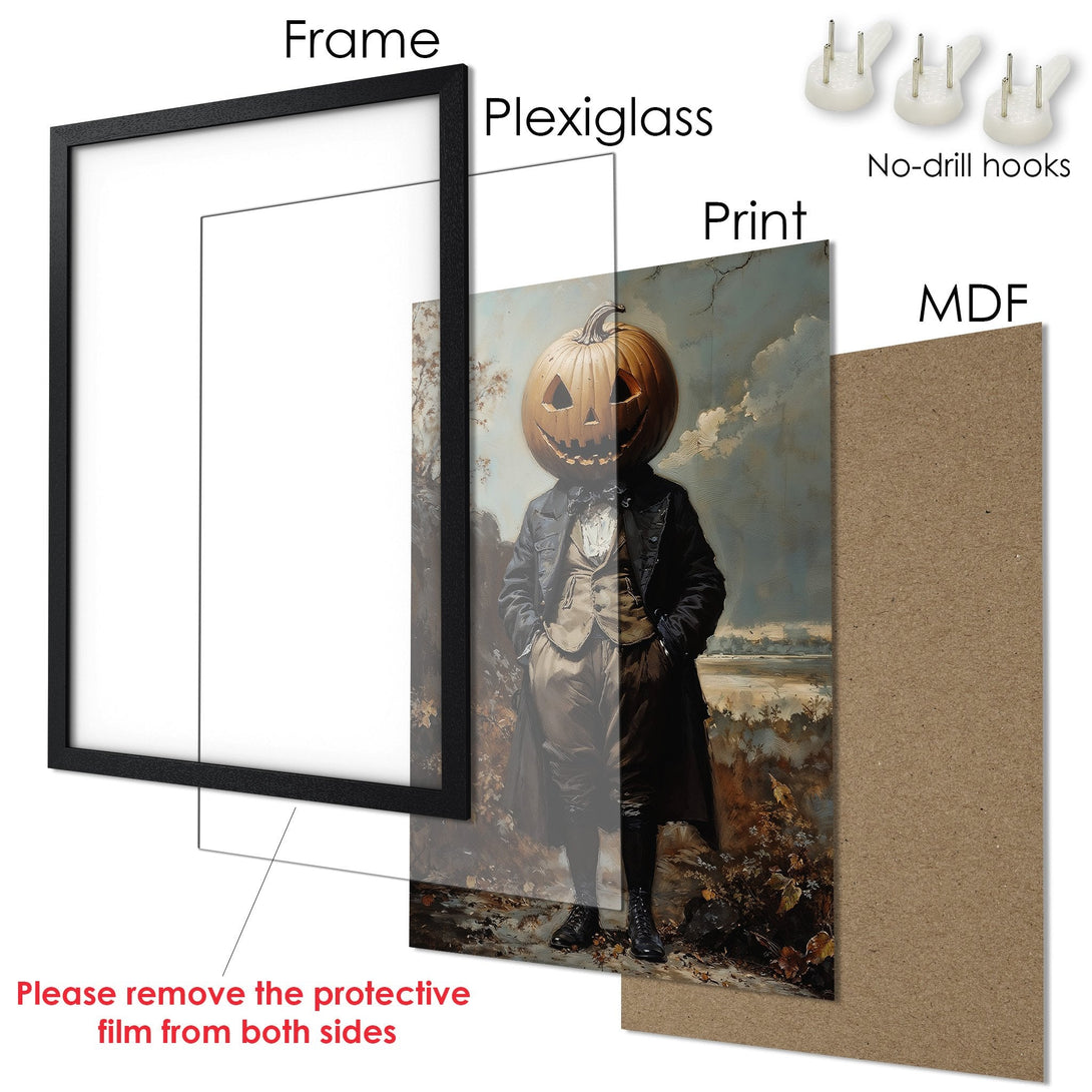 Framed Poster featuring a spooky figure with a pumpkin head. Vintage style, dark color palette with orange and brown tones. Perfect Halloween decor!