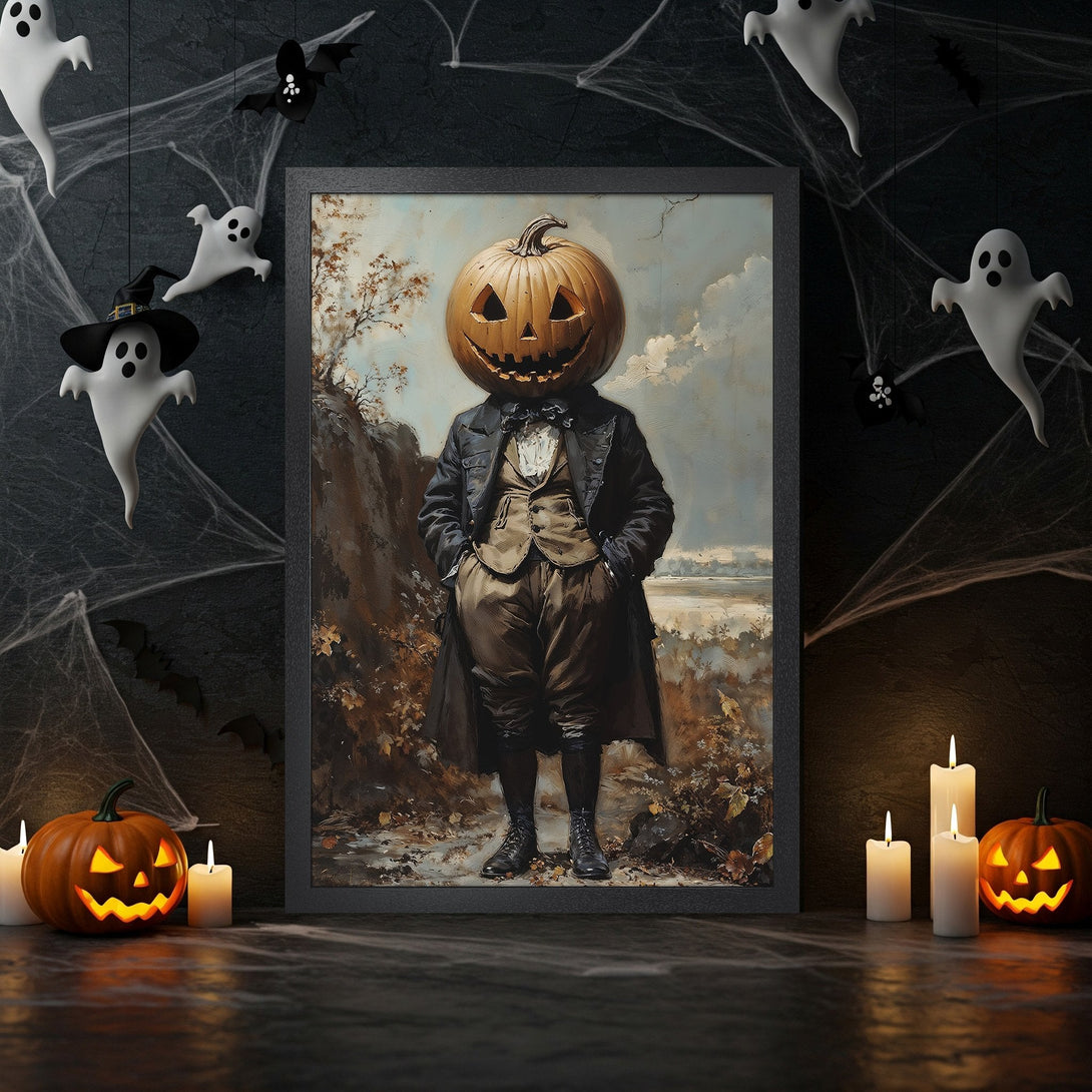 Framed Poster featuring a vintage Halloween portrait with a pumpkin head. Dark, moody color palette, perfect for spooky decor.