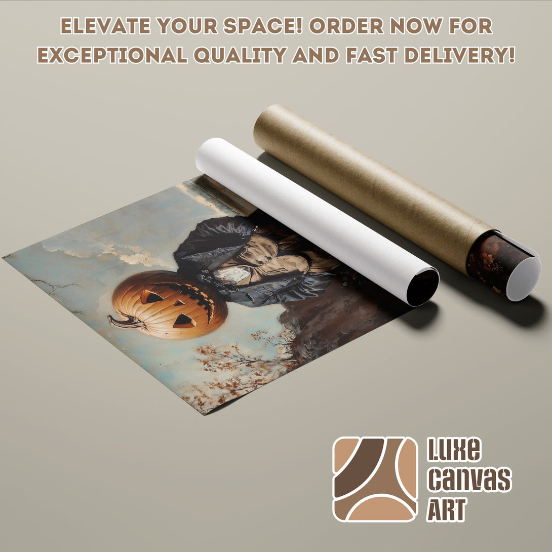Poster Roll featuring a vintage Halloween artwork. Warm color palette with pumpkins and a moody sky.