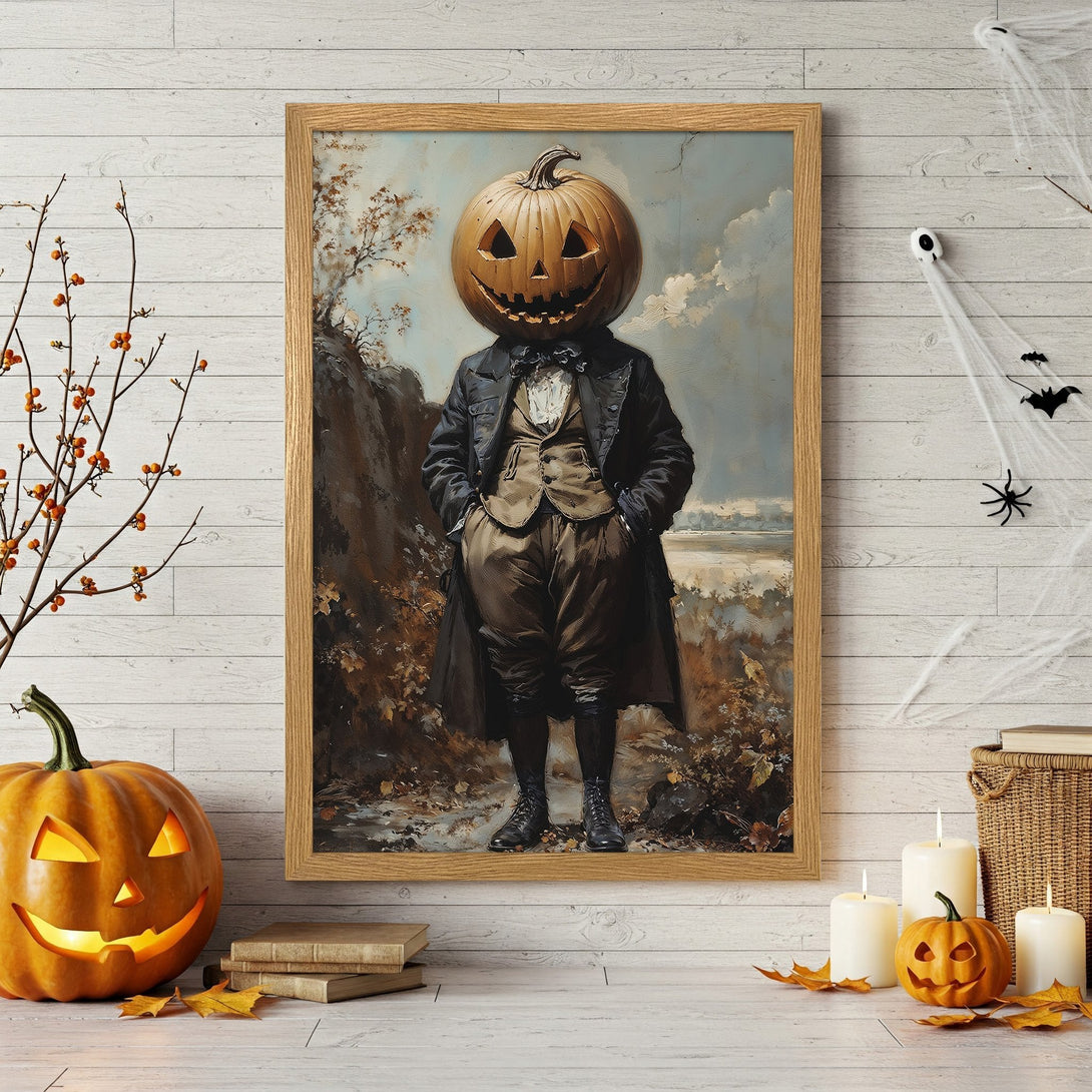Framed Poster featuring a vintage-style Halloween portrait with a pumpkin head. Earthy tones and spooky vibes for your home decor.
