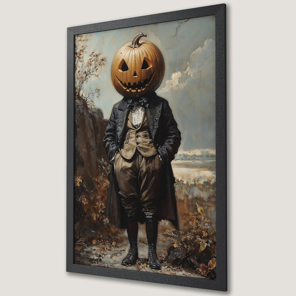 Framed Poster of a spooky figure with a pumpkin head in a vintage style, featuring a muted color palette perfect for Halloween decor.