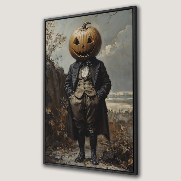 Framed Wall Art: Spooky Halloween portrait of a man with a pumpkin head, painted in a classic style with a muted, earthy color palette. Perfect for fall decor!