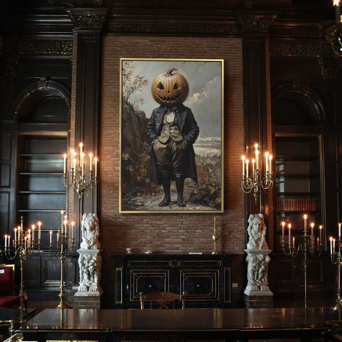 Canvas Print of a spooky pumpkin-headed figure in vintage style with a muted, earthy color palette. Perfect Halloween decor!