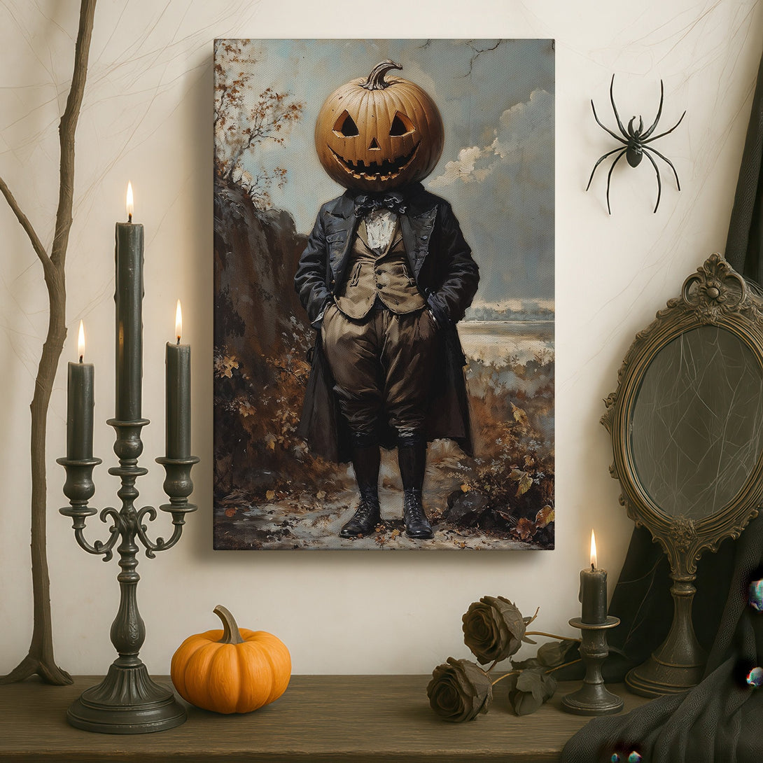Framed Wall Art: Spooky Halloween portrait in a dark, moody interior. Earthy tones with a pumpkin-headed figure. Perfect for a unique, gothic touch.