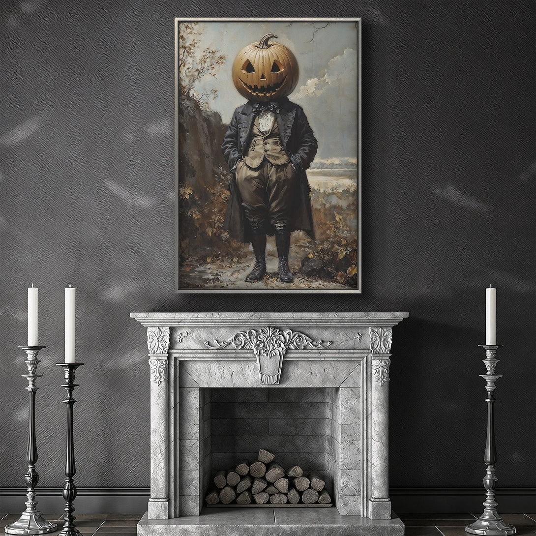 Framed Wall Art: Spooky Halloween portrait of a man with a pumpkin head, vintage style, neutral & muted color palette. Perfect for seasonal decor!