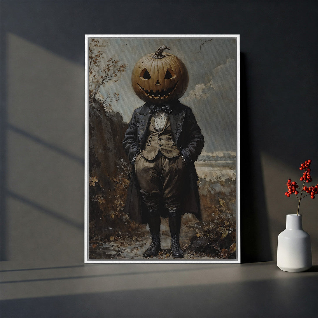 Framed Wall Art: Spooky Halloween portrait of a man with a pumpkin head, vintage style, earthy tones. Perfect for adding a touch of eerie charm.