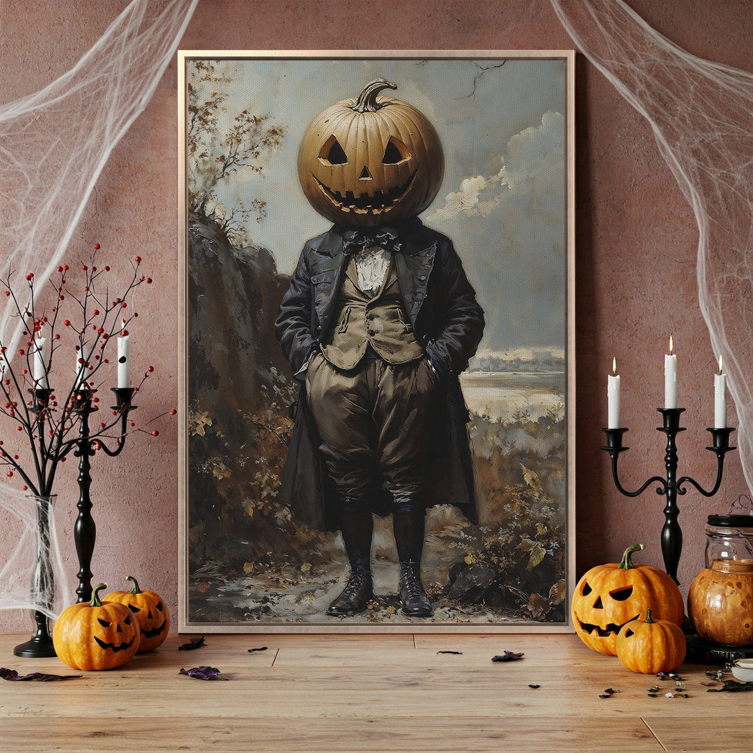 Framed Wall Art of a spooky pumpkin-headed figure in vintage style, with a muted color palette. Perfect Halloween decor!
