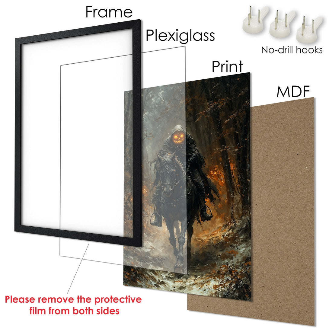 Framed Poster featuring a spooky headless horseman on a black horse, dark & orange color palette, perfect Halloween decor.