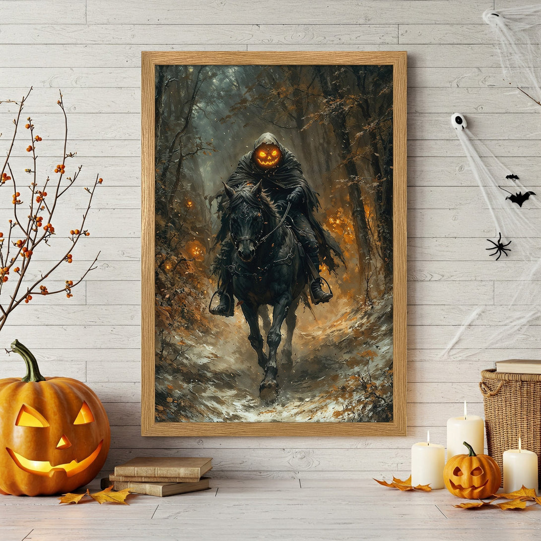 Framed Poster: Spooky Halloween art featuring a headless horseman riding through a forest, with an orange and brown color palette.