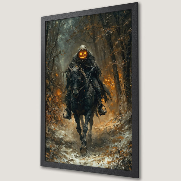 Framed Poster featuring a spooky headless horseman riding through a forest, in a dark, painterly style with a warm, autumnal color palette.