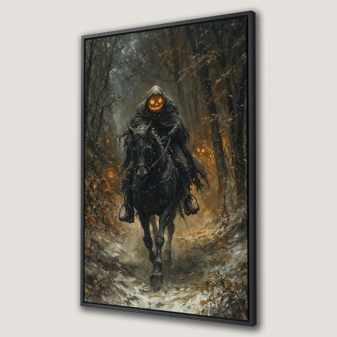 Framed Wall Art: Spooky Halloween scene of a headless horseman riding through a dark forest. Warm, earthy tones with a touch of orange. Perfect for fall decor.