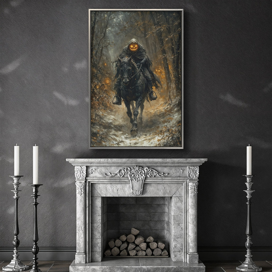 Framed Wall Art: Spooky Headless Horseman Canvas Print in dark forest. Gothic style with orange, black, and gray tones. Perfect Halloween decor!