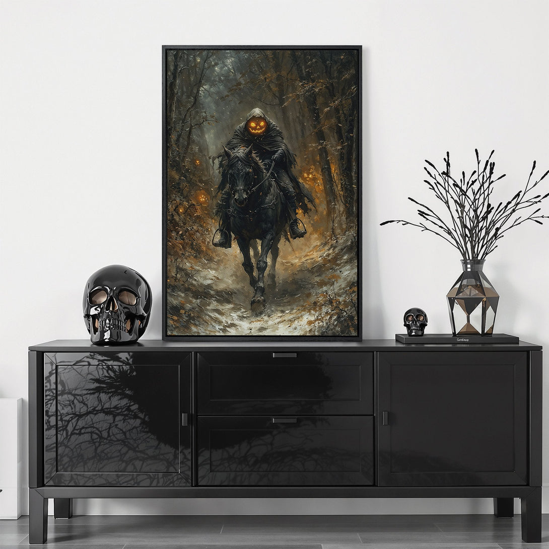 Framed Wall Art: Spooky Halloween artwork featuring a headless horseman in a dark forest.  Eerie painting with a moody, orange and black color palette. Perfect for Halloween decor.
