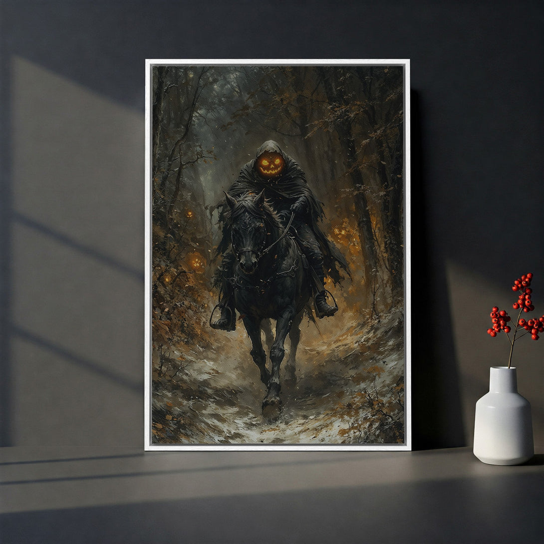 Framed Wall Art: Spooky Halloween scene of a headless horseman in a dark forest. Dramatic, painterly style with a muted, earthy color palette. Perfect for fall decor.