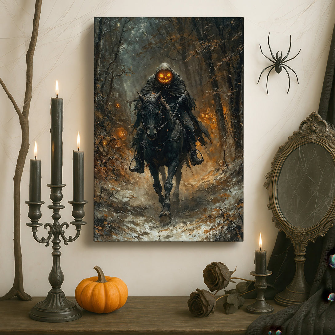 Framed Wall Art: Spooky Headless Horseman canvas print in a dark, moody interior. Features a dark, earthy color palette with a touch of orange. Perfect Halloween decor!