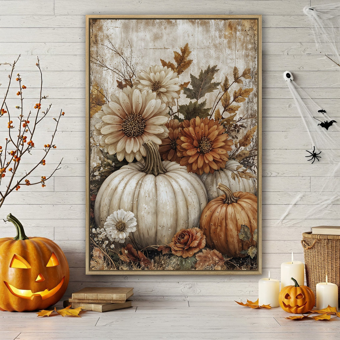 Framed Wall Art featuring a vintage-style autumn still life with pumpkins and flowers in warm, earthy tones. Perfect for fall decor!